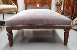 French Louis 16th Style Large Walnut Footstool With New Grey Upholstery | Antique & Vintage | Moonee Ponds Antiques | Australia Wide Delivery