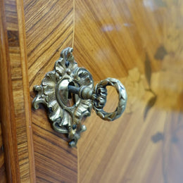 French Louis XV Style Marquetry Kingwood And Walnut Inlaid Marble Top Cabinet
