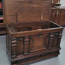 Stunning 18th Century solid French oak Cassone. It has plently of storage space inside along with two drawers at the bottom. It has loads of charter and has been sourced from France. It is in good original detailed condition.