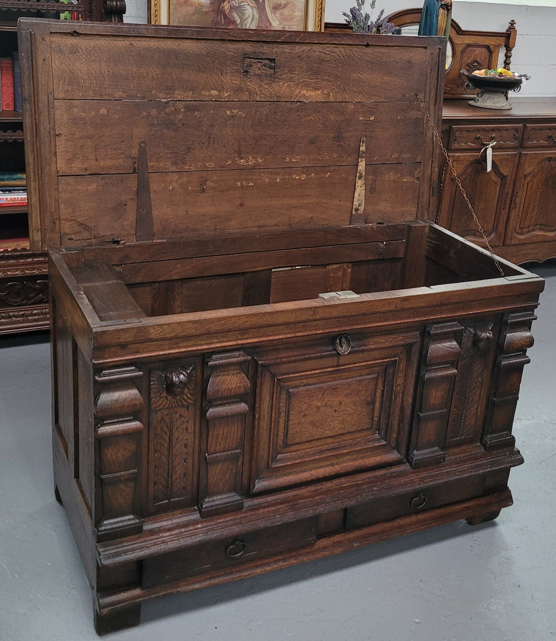 Stunning 18th Century solid French oak Cassone. It has plently of storage space inside along with two drawers at the bottom. It has loads of charter and has been sourced from France. It is in good original detailed condition.