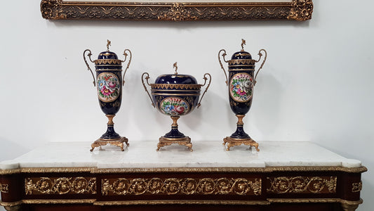 French Three-piece Sevres Style Porcelain Vase
