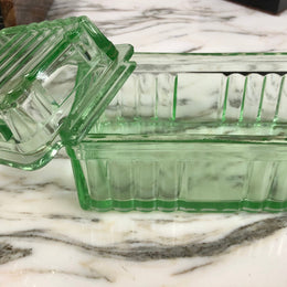 Green Depression Glass Butter Dish