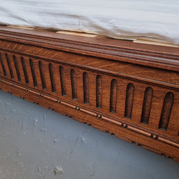 Elegant Louis XVI style French Oak queen size bed with a pair of matching inset marble top bedsides. The queen size beed comes with custom made bed slates and all you need to do is place your mattress on top. Bedsides and bed are in good original detailed condition.