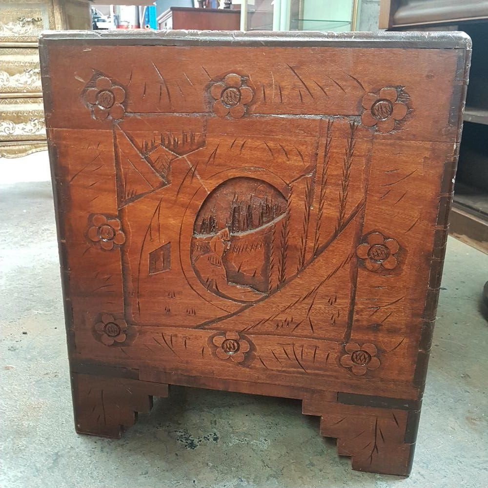 Carved Boat Scene Camphor Wooden Trunk | Antique & Vintage | Moonee Ponds Antiques | Australia Wide Delivery