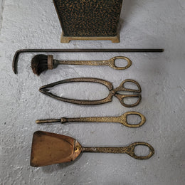 Art Nouveau five piece fire tool set in decorative box. All tools are in original good used condition, please view photos as they help form part of the description.
