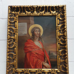 Superbly Painted Oil On Canvas Of Jesus In An Ornate Antique Gilt Decorated Frame.