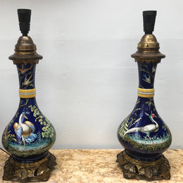 Rare pair of French Majolica Lamps