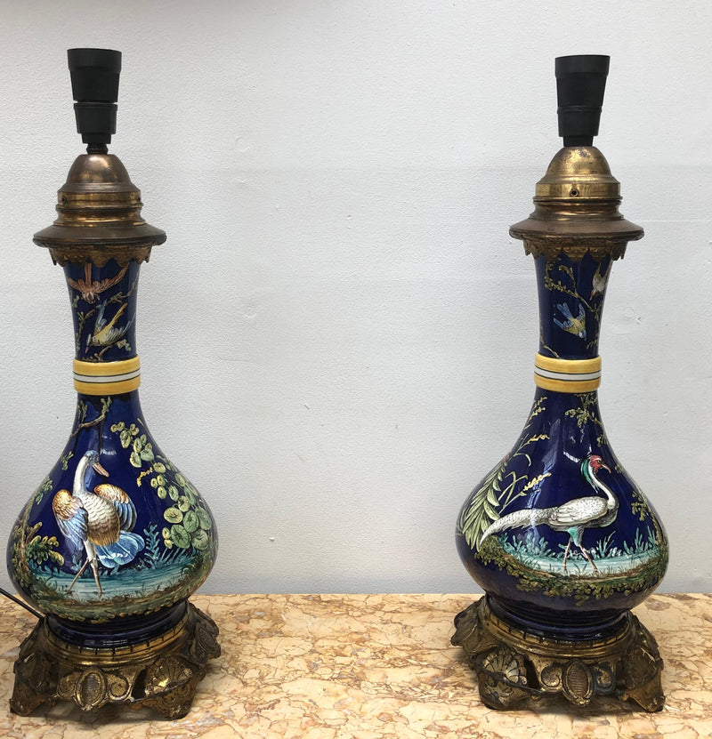 Rare pair of French Majolica Lamps