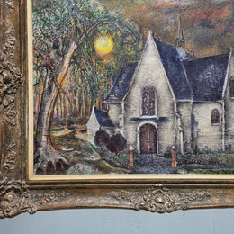 Beautiful large signed French oil on canvas painting, depicting a church/landscape in original gilt frame.