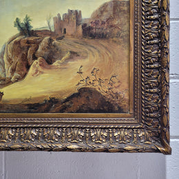 Fabulous 19th Century oil on canvas of travelers near castles and ruins landscape. In good original detailed condition.