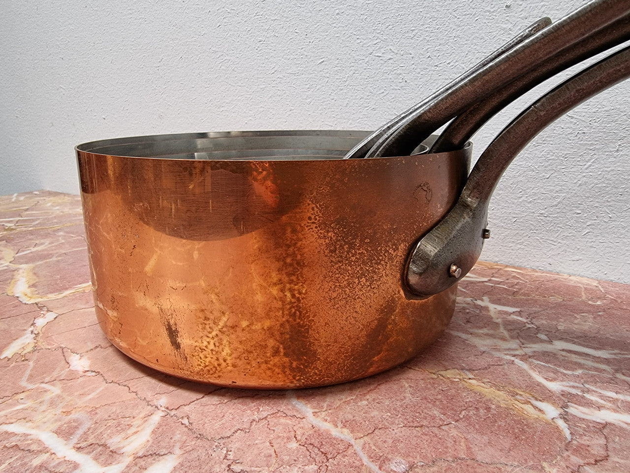 Set of Five Vintage Copper Saucepans with Tin Lining Made In France