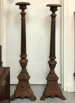 Rustic French Pair Of Tall Heavy Cast Iron Candlesticks | Antique & Vintage | Moonee Ponds Antiques | Australia Wide Delivery