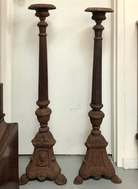Rustic French Pair Of Tall Heavy Cast Iron Candlesticks
