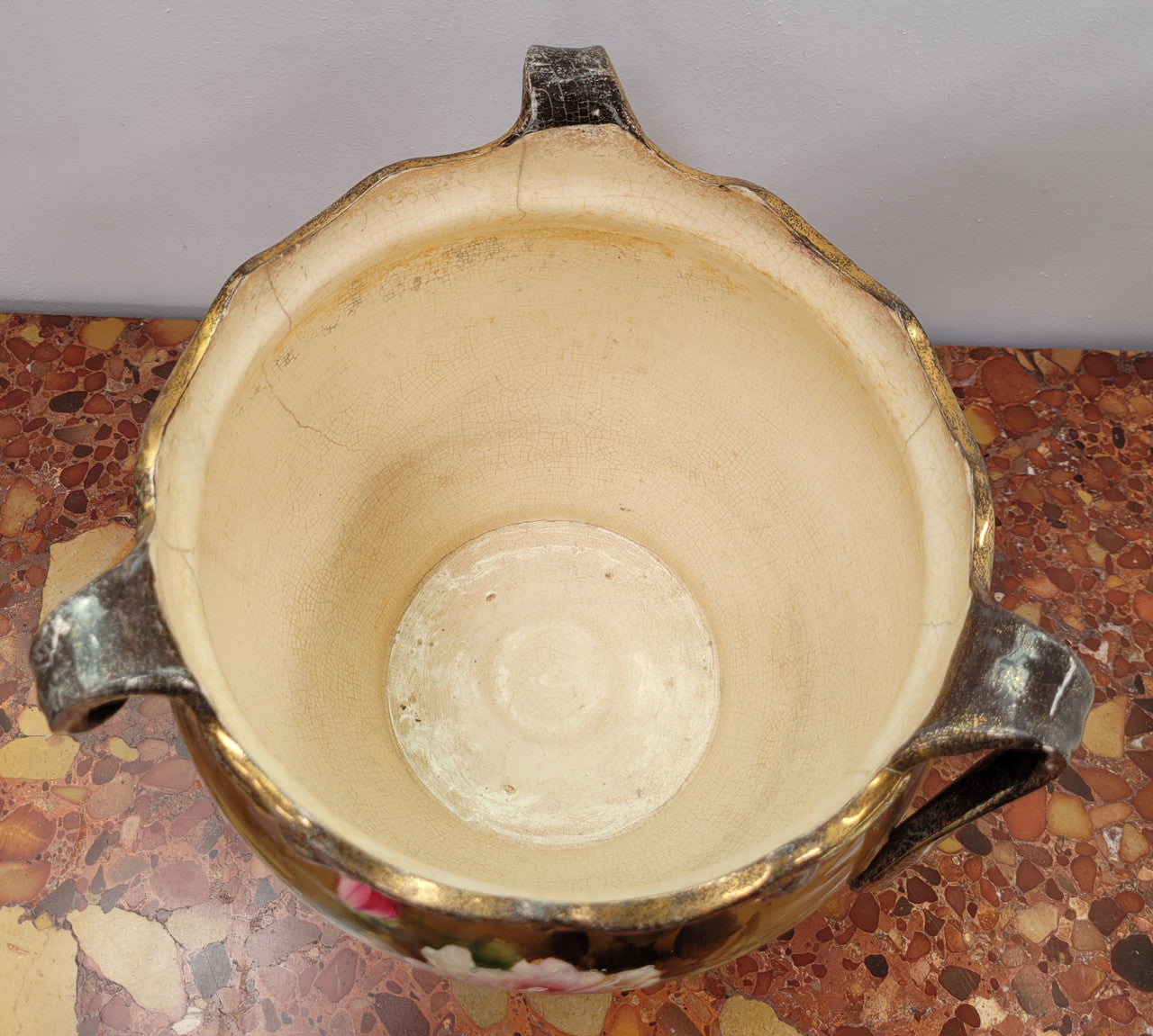 Pretty Antique three handled floral jardinière. Please note that it is being sold in as found condition, please view photos as they help form part of the description.