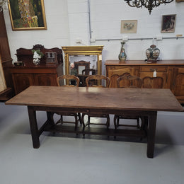 Antique French Oak single drawer pedestal base farmhouse table. The table top is in original condition and can be kept the way it is for a rustic look or finished for a completely different look. It has been sourced from France and is in original condition.