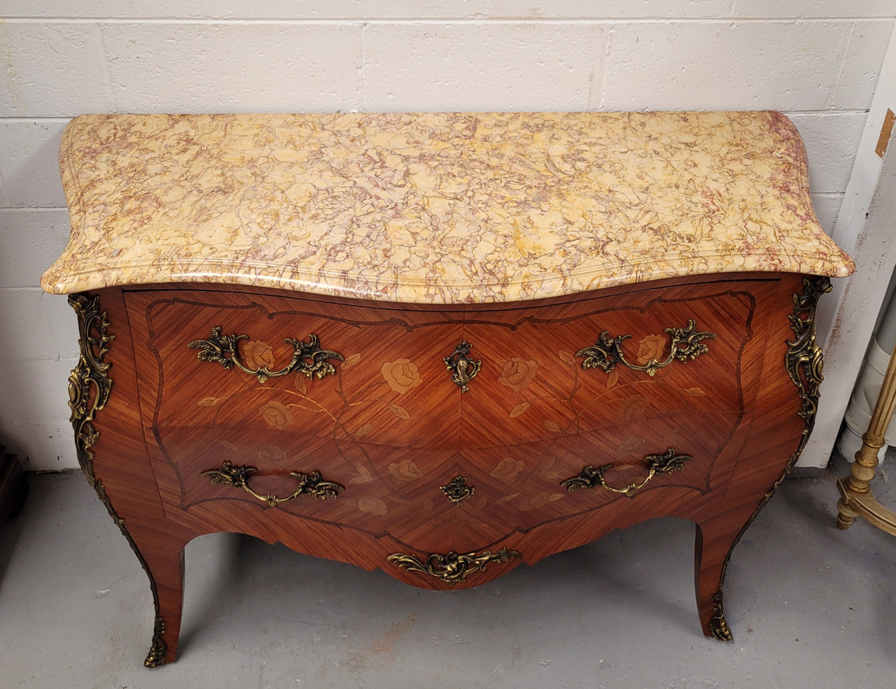 ** ON HOLD** Louis XV Style Two Drawer Marquetry Inlaid Kingwood Marble Top Commode | Antique & Vintage | Moonee Ponds Antiques | Australia Wide Delivery