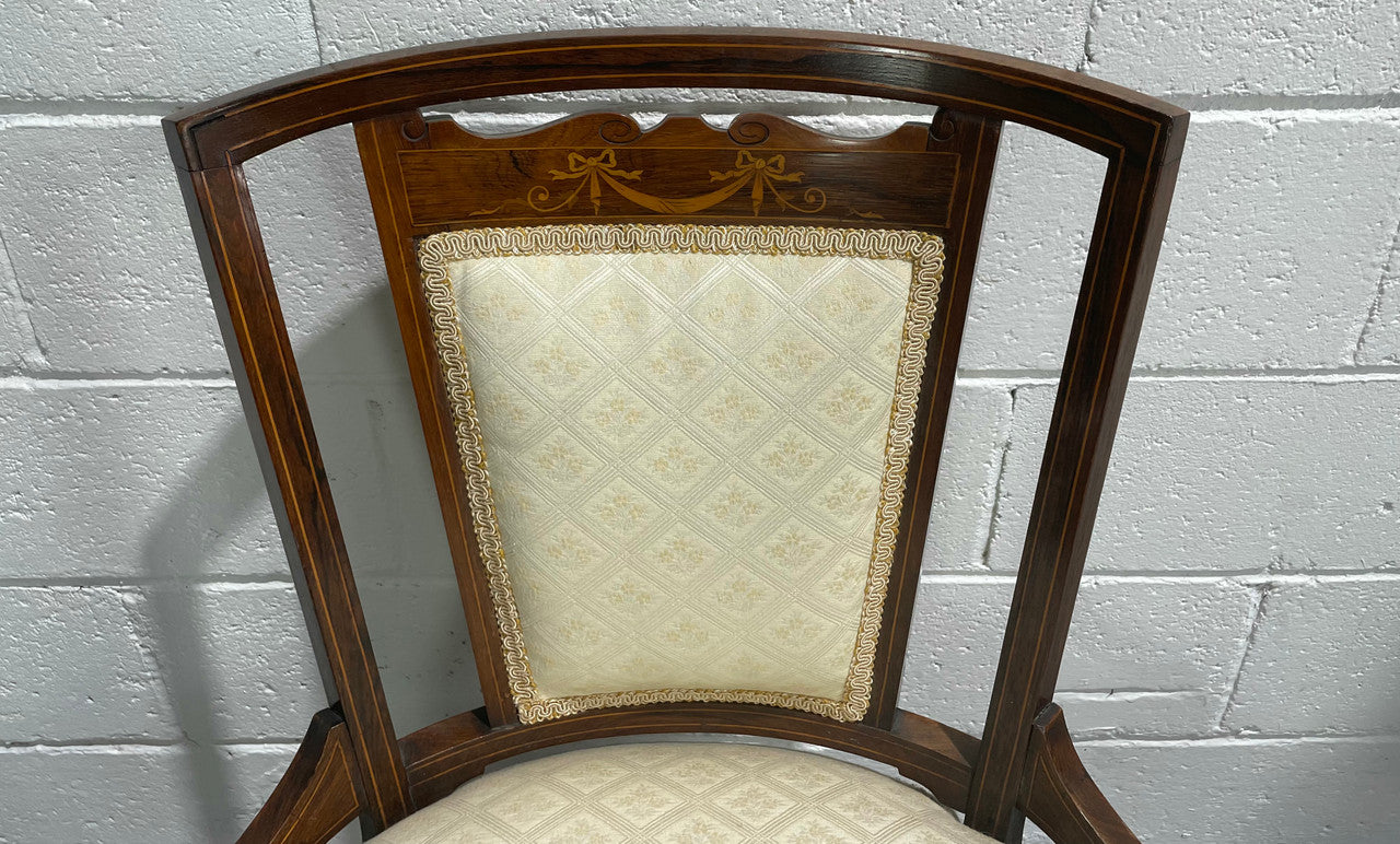 Edwardian Sheraton Inlaid upholstered round bedroom chair. In good original condition and the fabric is in used condition, please view photos as thy help form part of the description.