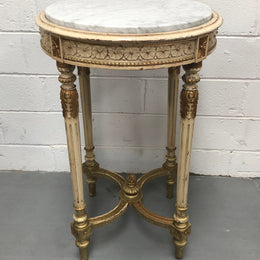 French Late 19th Century painted and gilded Walnut marble top occasional table. In good condition. CIrca 1900.