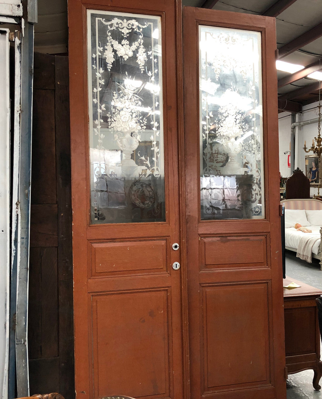Pair of French Antique 19th century doors. They have beautiful acid etched panels and are in good original condition.