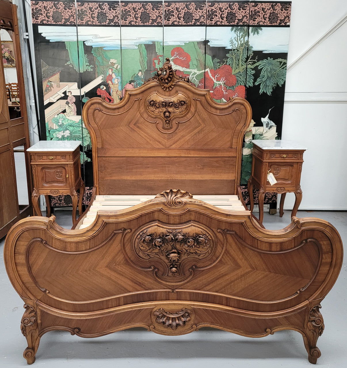 Beautifully Carved French Walnut 19th Century Queen Bed Head, Foot and Rails | Antique & Vintage | Moonee Ponds Antiques | Australia Wide