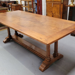 Vintage custom made fruitwood pedestal dinning table, comfortable fits 8-10 people. In good original condition. Sourced locally. Please see pictures to form part of the description.