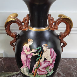 Pair Antique 19th century Paris porcelain Grecian style vases. Please view photos as they help form part of the description.