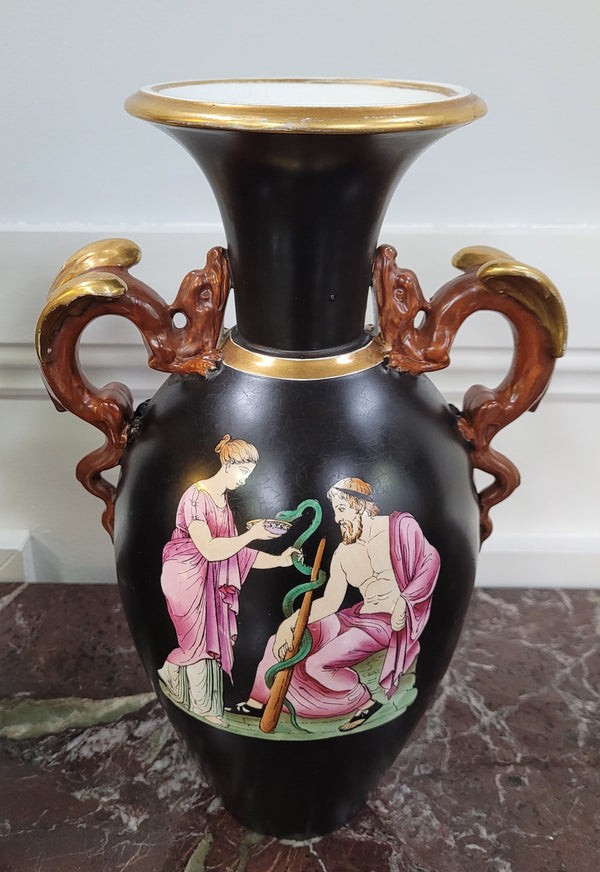 Pair Antique 19th century Paris porcelain Grecian style vases. Please view photos as they help form part of the description.