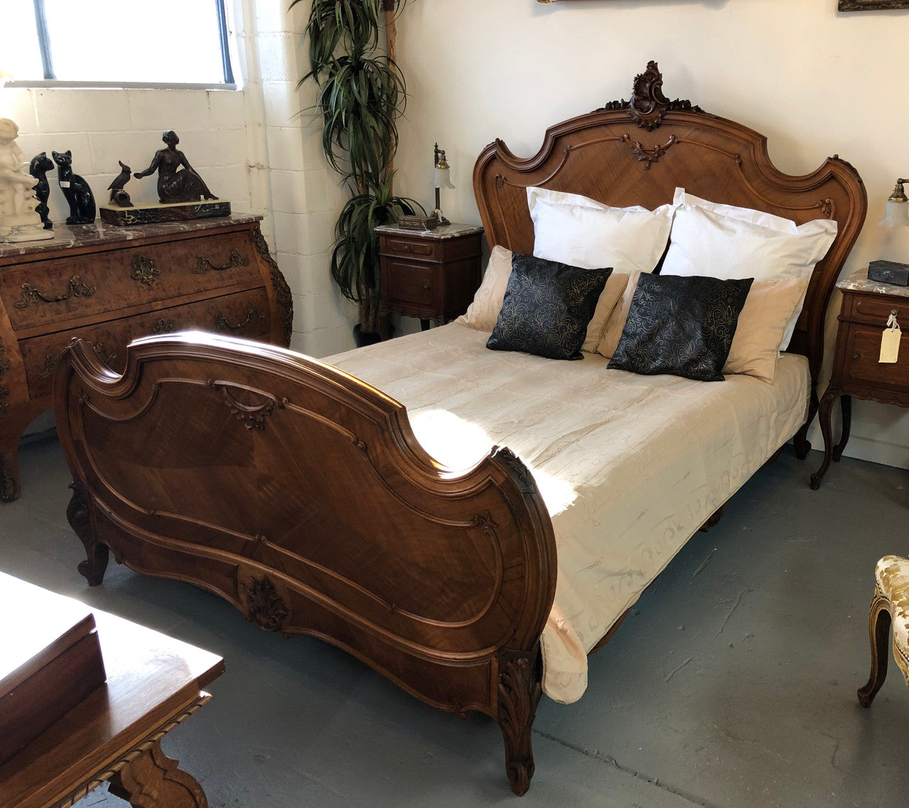 Antique French Walnut Louis XV Style Queen Size Bed