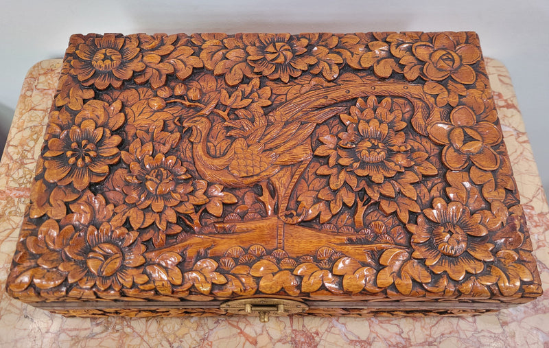 Vintage unusual Camphor Wood valet fitted jewelry box with nicely carved phoenix on the top. It is in good original detailed condition.