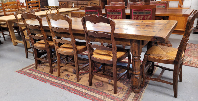 Large impressive 19th century 2.5 meter Antique French Oak farmhouse table. Loads of character with a stunning solid thick top and has a long drawer at one end. Sourced from France and in good original detailed condition.