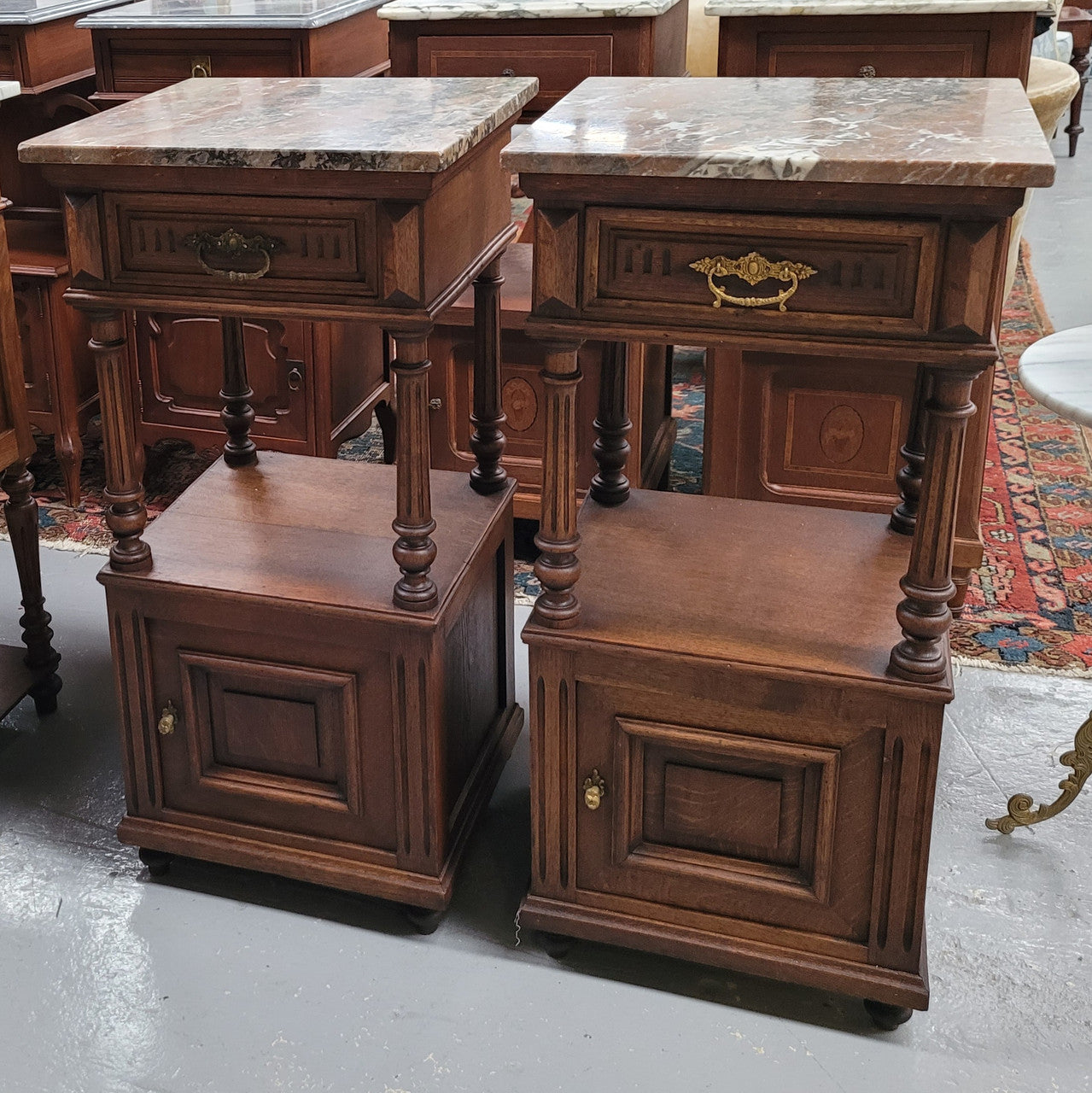 A Superb Pair of Henry II Style Marble Top French Antique Bedside Cabinets