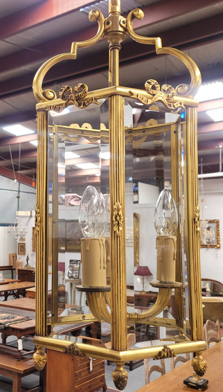 Charming three globe French bronze hexagonal ceiling light with beveled glass. Fully rewired to Australian standards and has been sourced from France. In good original condition.