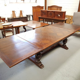 Large Rustic French Oak Parquetry Top Extending Table