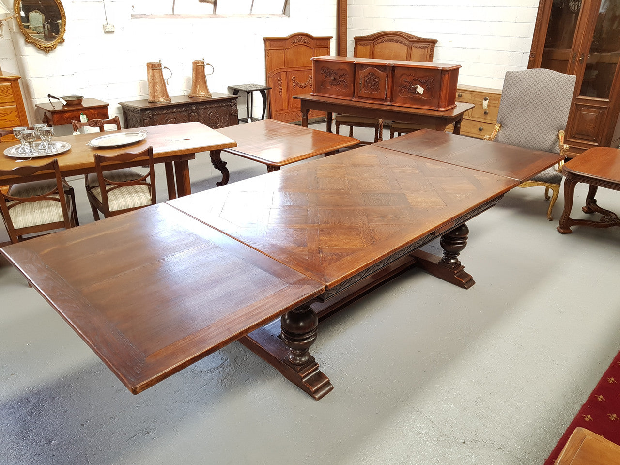 Large Rustic French Oak Parquetry Top Extending Table