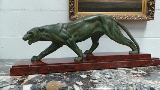 French Art Deco Panther Statue On Marble Base