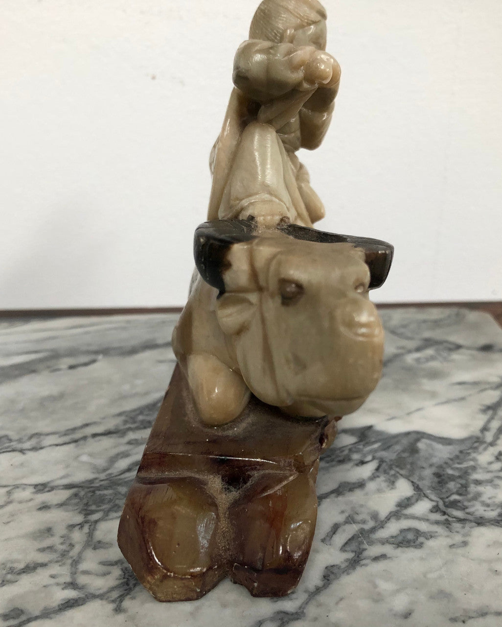 Antique Chinese Carved Soapstone Buffalo and man playing flute