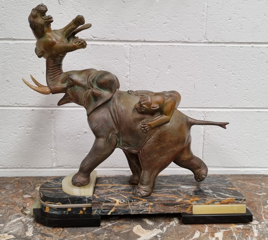 Signed "Irenee Rochard" Art Deco Elephant & Panther Statue