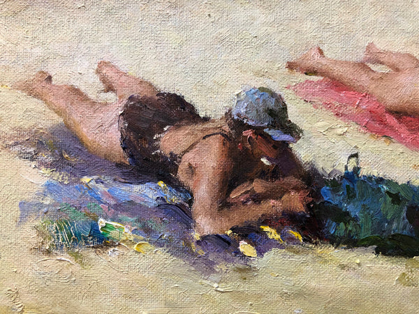 Framed Beach Oil On Board Painting By David Chen