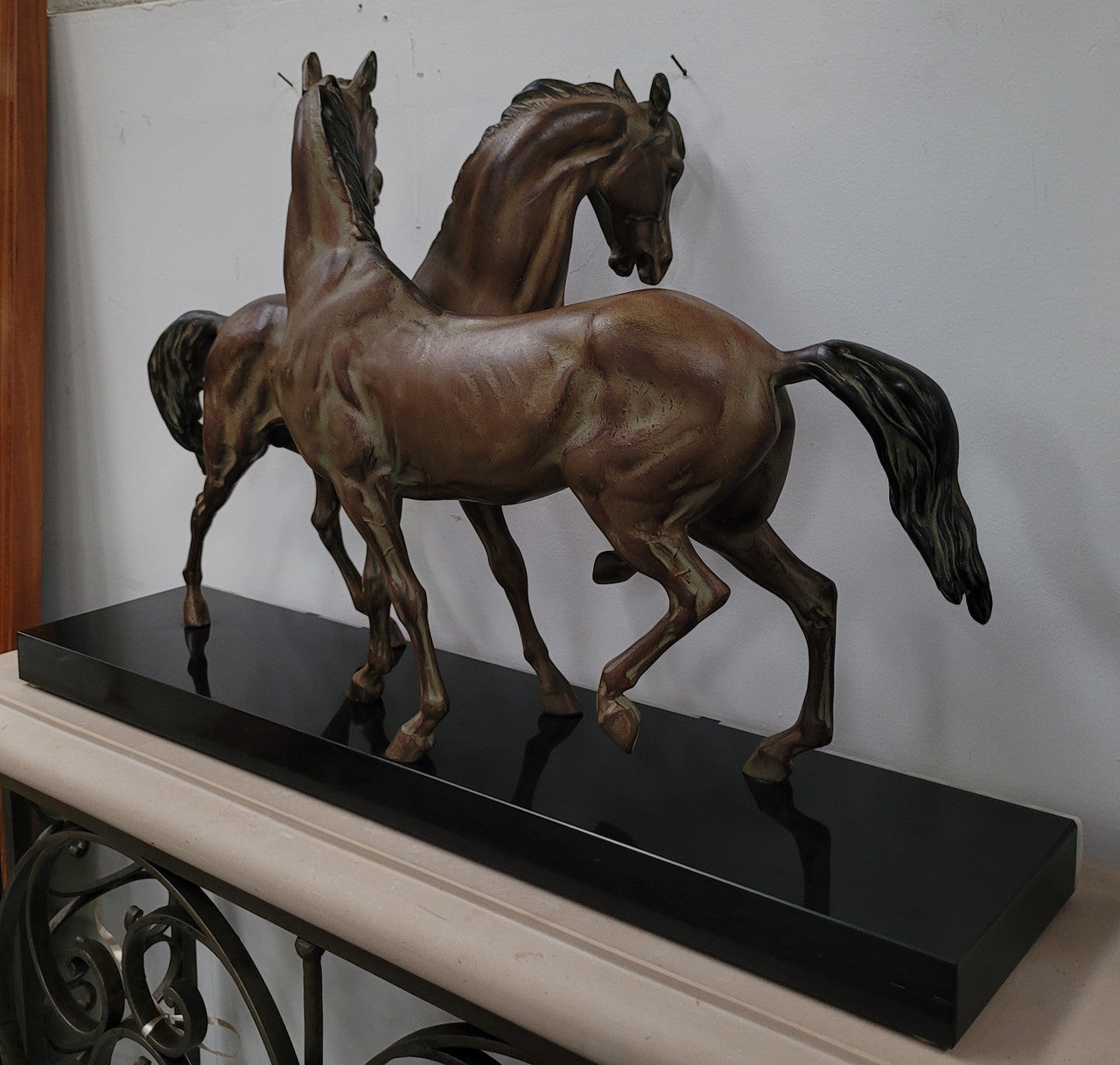 Art Deco Patinated Bronze French Spelter Horses on Marble Base