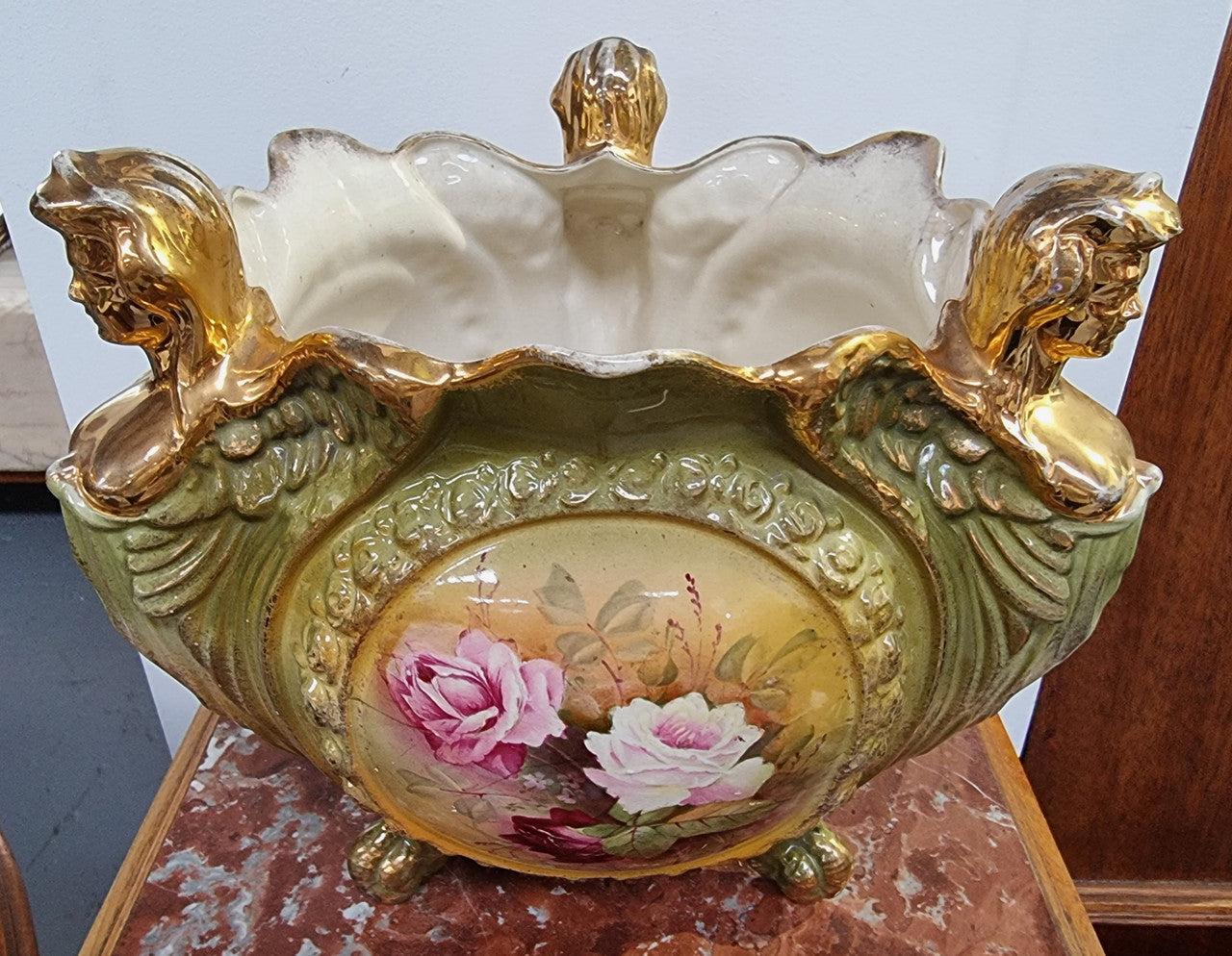 Large late Victorian English jardinière featuring three women figureheads. In good condition some loss to gilding on the figureheads, place view photos as they help form part of the description.