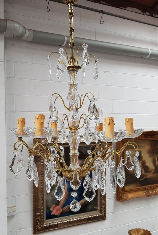 French Brass & Crystal Six Arm Candle Light Chandelier