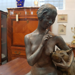 French Art Deco Lady & German Shepherd Bronze