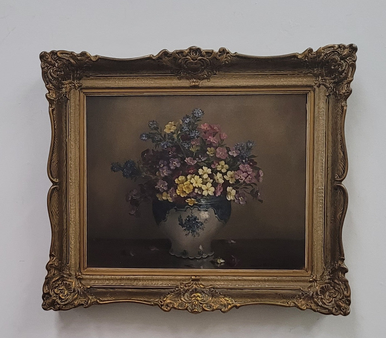 Attractive Signed Oil on Canvas Depicting Flowers in a Blue and White Jardinière
