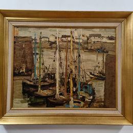 Fabulous signed Vintage boat scene oil on canvas painting in gilt frame. In good original detailed condition.