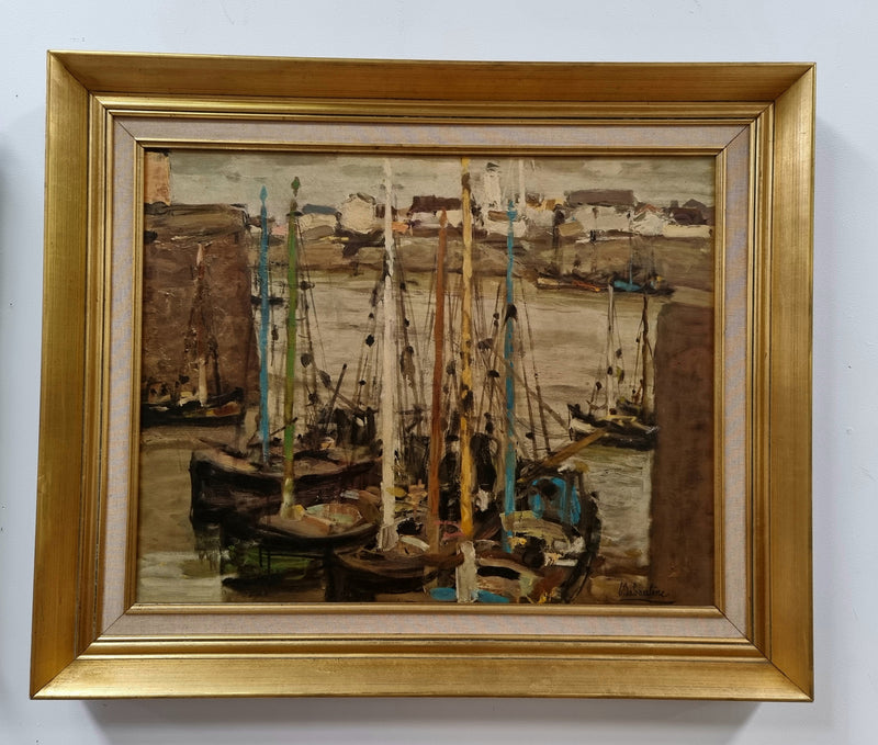 Fabulous signed Vintage boat scene oil on canvas painting in gilt frame. In good original detailed condition.