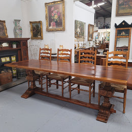French style reclaimed Elm Farmhouse table with stretcher base and amazing carving underneath. Table can sit 10-12 people and is in good original detailed condition.