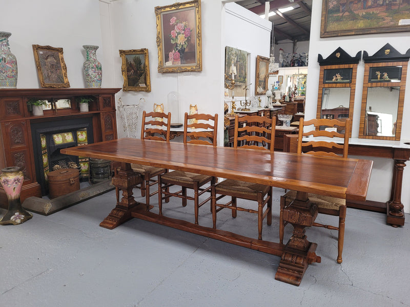 French style reclaimed Elm Farmhouse table with stretcher base and amazing carving underneath. Table can sit 10-12 people and is in good original detailed condition.