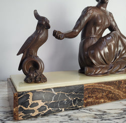Art Deco Bronze Statue Of a Lady & Parrot On Marble Base Signed by Italian Sculptor A Trefolini | Antique & Vintage | Moonee Ponds Antiques | Australia Wide Delivery