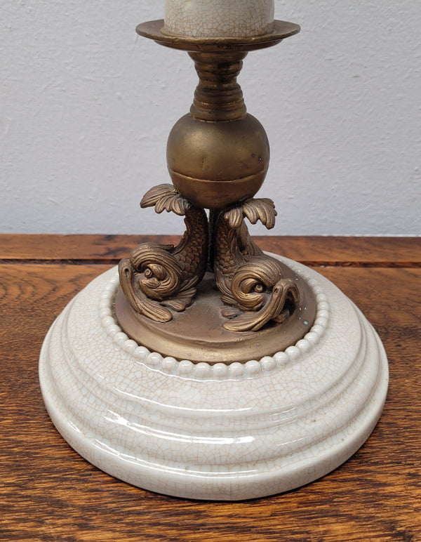 Vintage decorative ceramic and metal candlestick with four candles. It has been sourced locally and is in good original detailed condition. Please view photos as they help form part of the description.