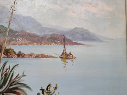 Large Signed Oil On Canvas " Mediterranean Coastal Scene" In Gilt Frame Sourced From France | Antique & Vintage | Moonee Ponds Antiques | Australia Wide Delivery